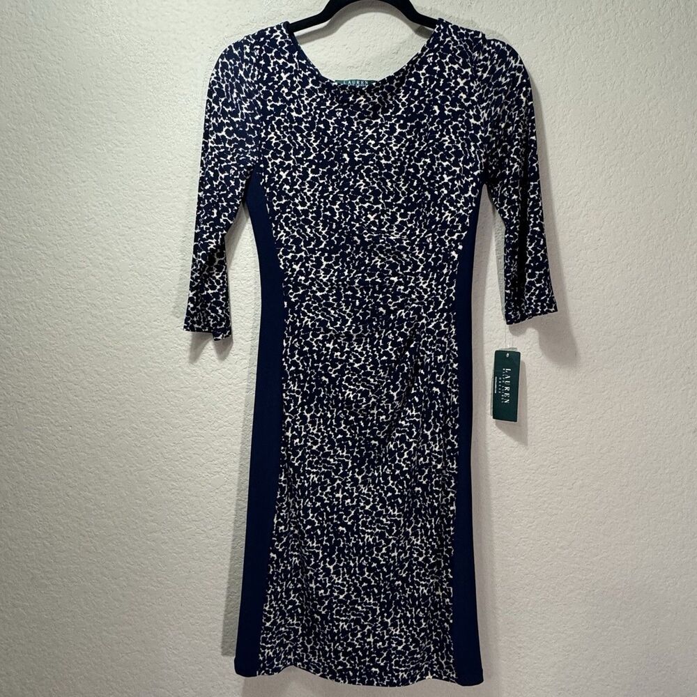NEW Lauren Ralph Lauren Navy Tan Leopard Sheath Dress Womens 4 LRL Stretch Lined